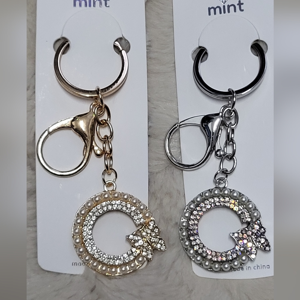 Gold Or Silver Circle W/ Bow Faux Pearl & Rhinestone Bag Charm/Key Chain NWT